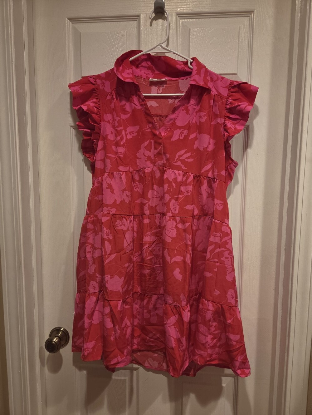 Women's Pink Floral Midi Dress - Collared Tiered Style